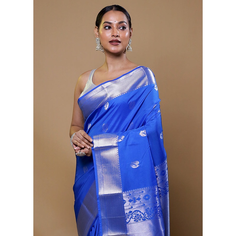 Blue Kanjivaram Silk Saree With Blouse Piece - JD986611593
