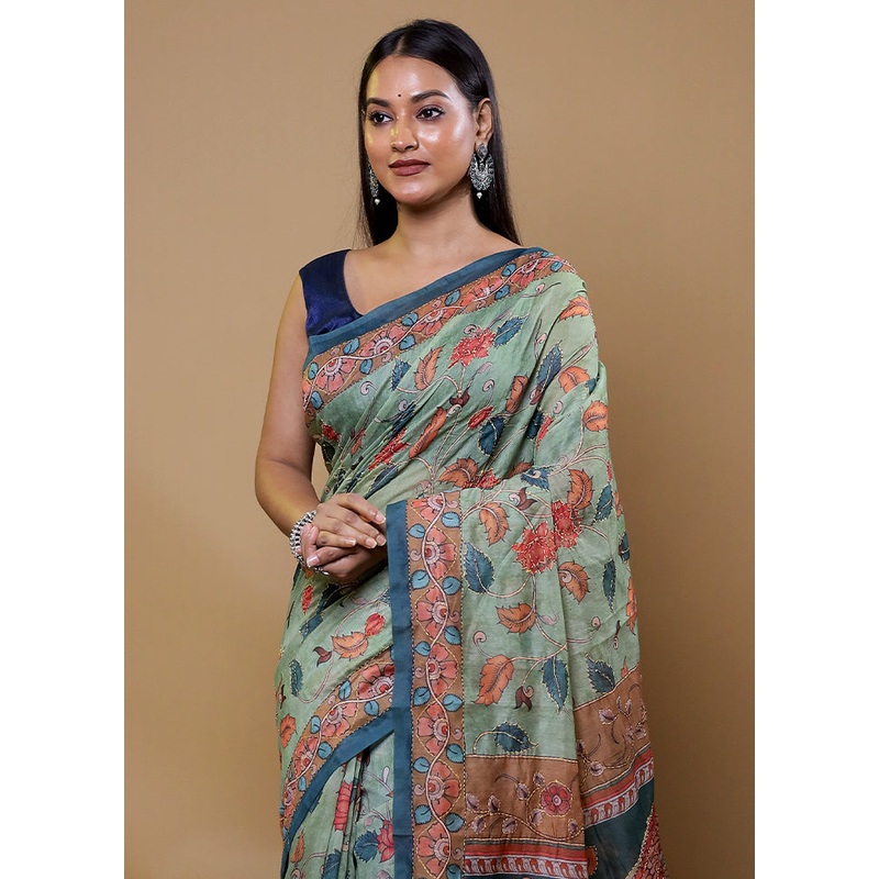Cream Cotton Saree With Blouse Piece - JD986611591