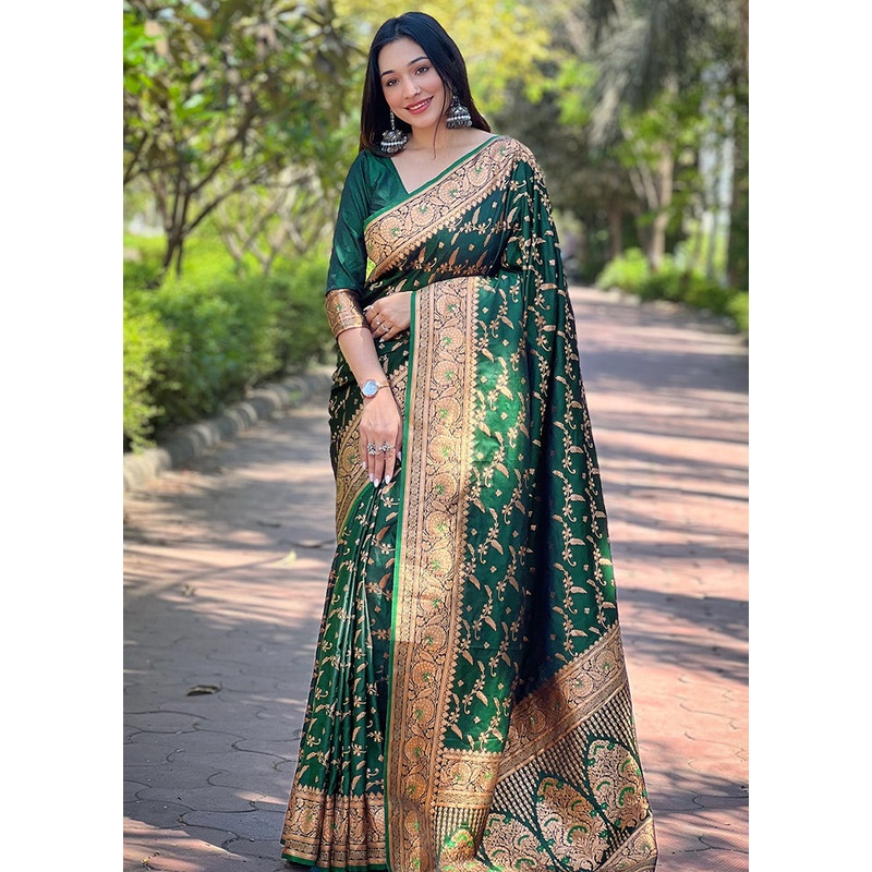 Green Banarasi Silk Saree With Blouse Piece - JD986611578