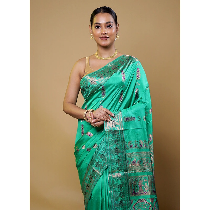 Green Handloom Baluchari Pure Silk Saree With Blouse Piece - JD986611588