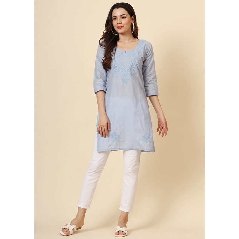 Light Blue Readymade Cotton Kurti - JD986611629