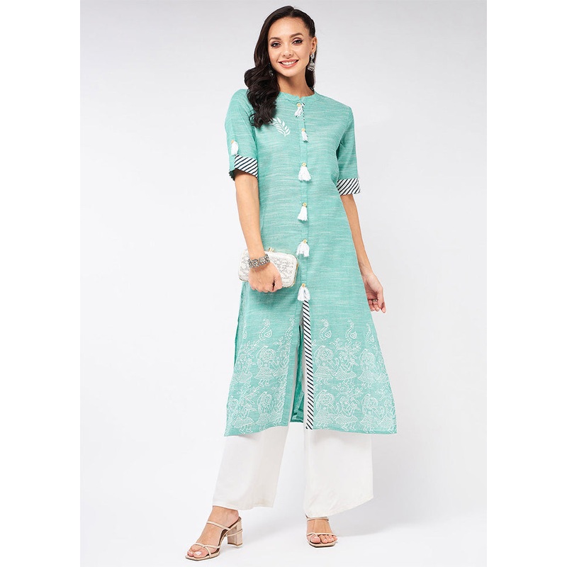 Light Green Readymade Cotton Kurti - JD986611492