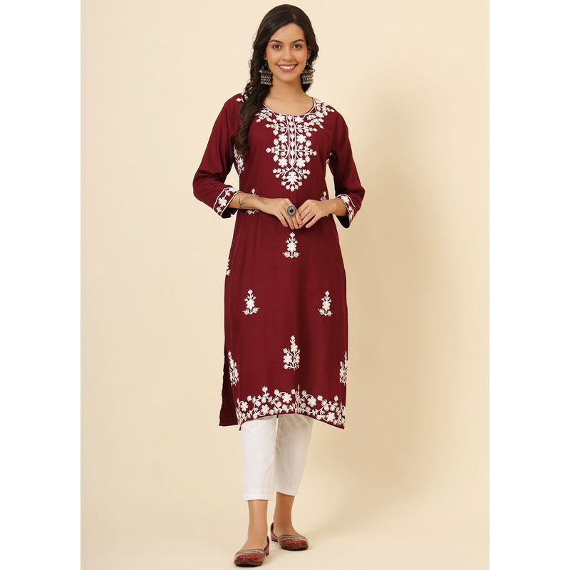 Maroon Readymade Rayon Kurti - JD986611628