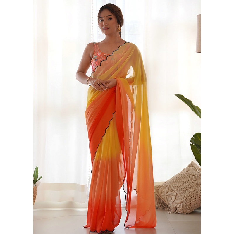 Orange Georgette Saree With Blouse Piece - JD986611575