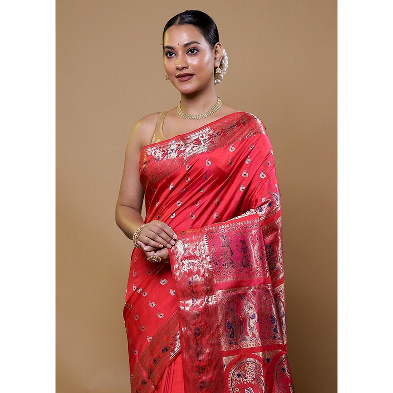 Pink Handloom Baluchari Pure Silk Saree With Blouse Piece - JD986611595