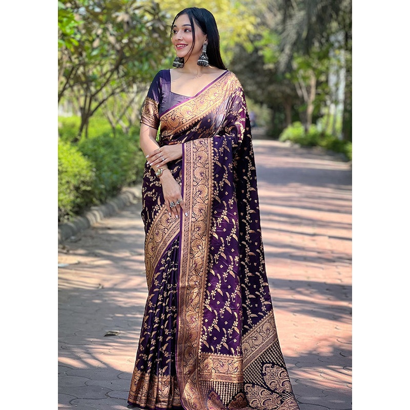 Purple Banarasi Silk Saree With Blouse Piece - JD986611571