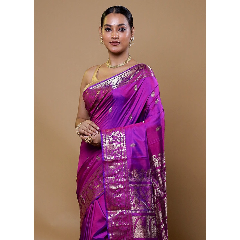 Purple Handloom Baluchari Pure Silk Saree With Blouse Piece - JD986611584