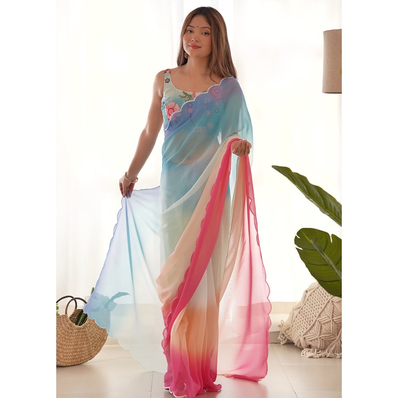 Sky Blue Georgette Saree With Blouse Piece - JD986611566