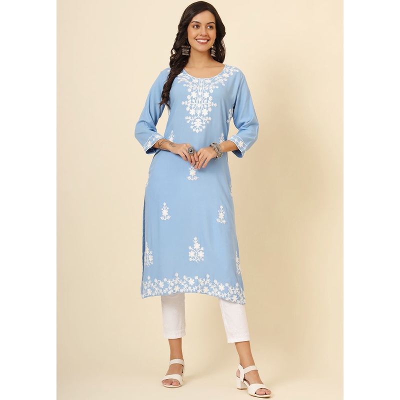 Sky Blue Readymade Rayon Kurti - JD986611625