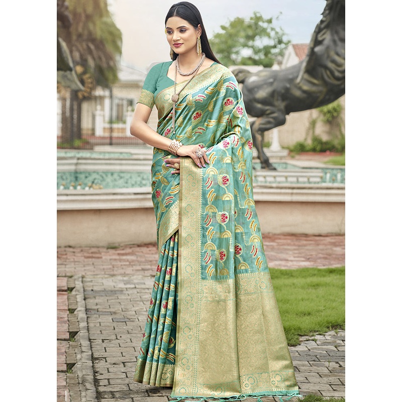 Teal Blue Organza Saree With Blouse Piece - JD986611674
