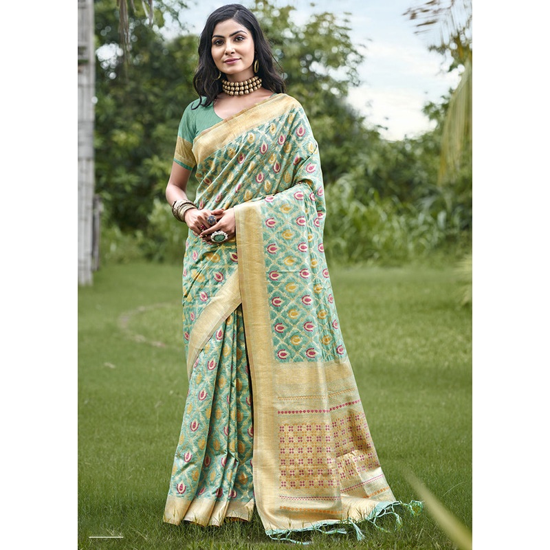 Teal Blue Organza Saree With Blouse Piece - JD986611675