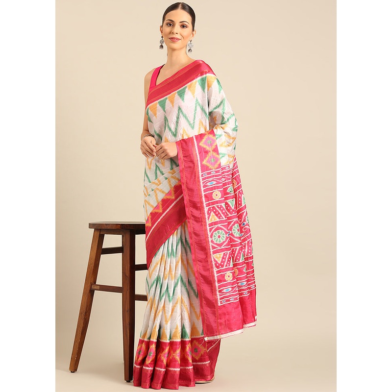 White Cotton Saree With Blouse Piece - JD986611672