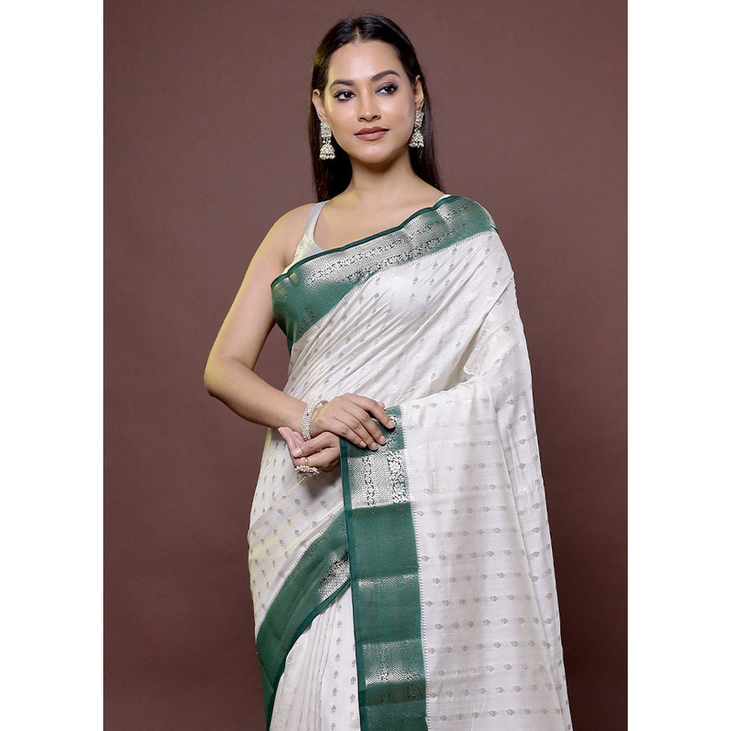 White Handloom Dupion Pure Silk Saree With Blouse Piece - JD986611607