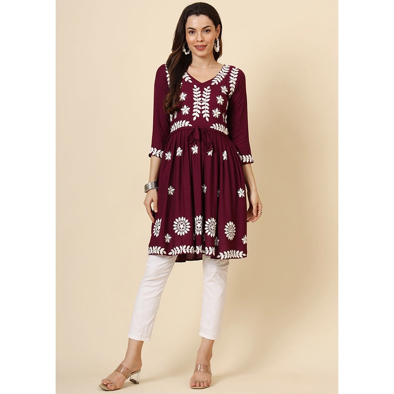 Wine Readymade Rayon Kurti - JD986611623
