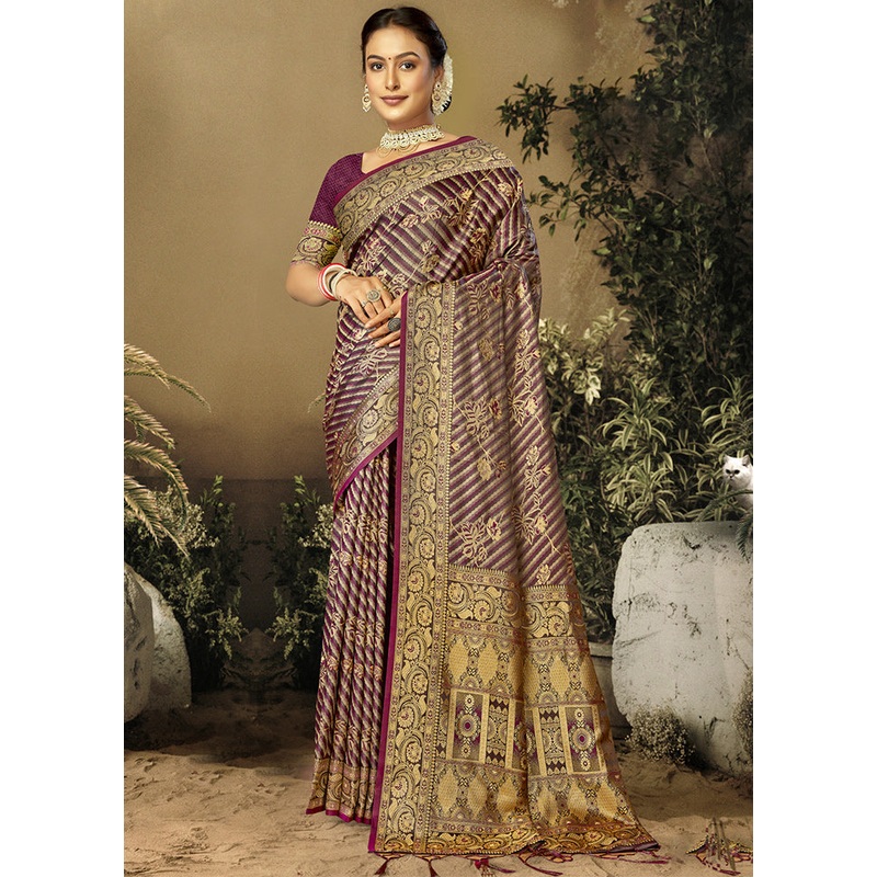 Wine Satin Silk Saree With Blouse Piece - JD986611668