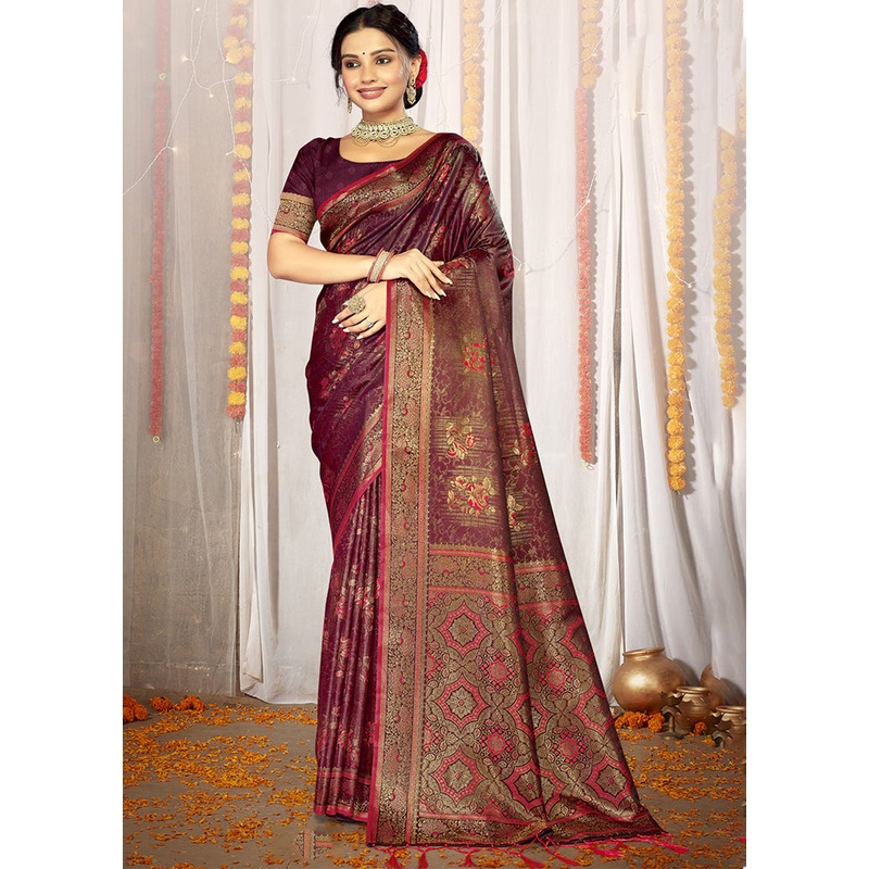 Wine Satin Silk Saree With Blouse Piece - JD986611669