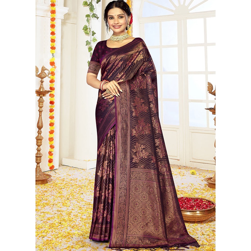 Wine Satin Silk Saree With Blouse Piece - JD986611670