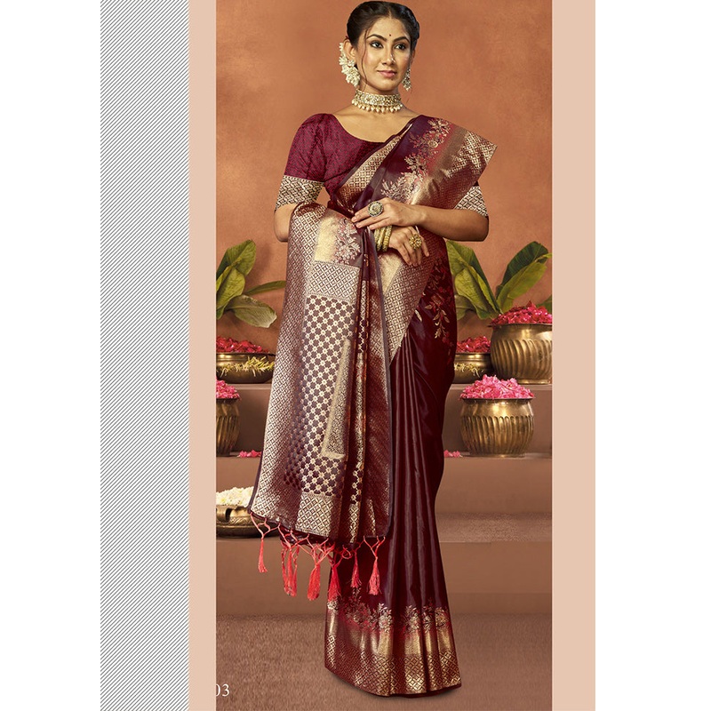 Wine Satin Silk Saree With Blouse Piece - JD986611671