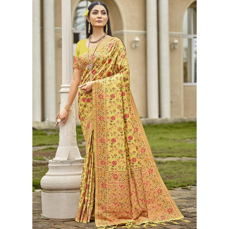 Yellow Dupion Silk Saree With Blouse Piece - JD986611666