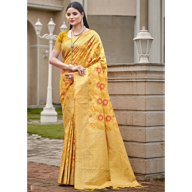 Yellow Organza Saree With Blouse Piece - JD986611661
