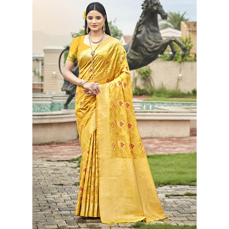 Yellow Organza Saree With Blouse Piece - JD986611662