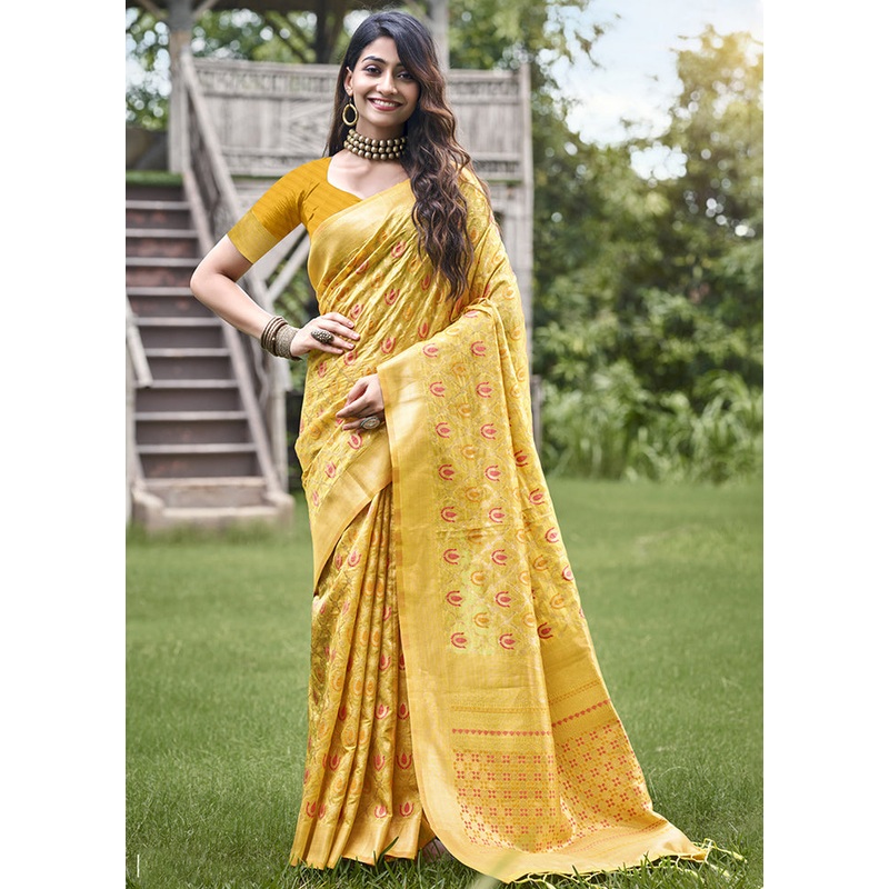 Yellow Organza Saree With Blouse Piece - JD986611663