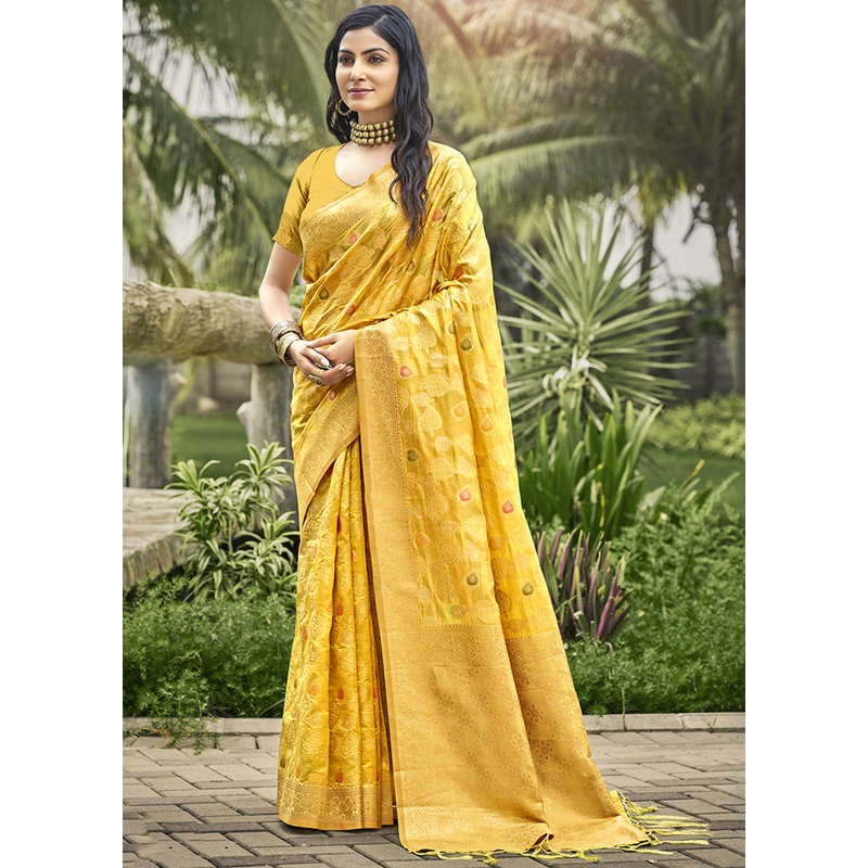 Yellow Organza Saree With Blouse Piece - JD986611664