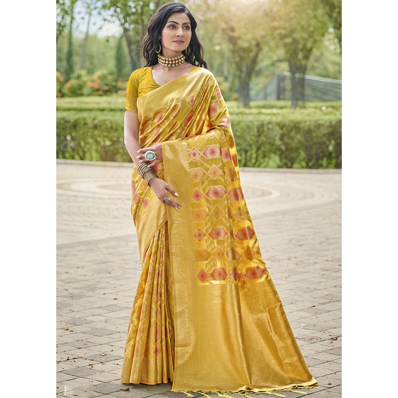 Yellow Organza Saree With Blouse Piece - JD986611665