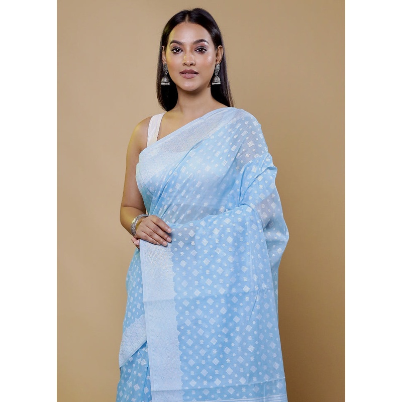 Blue Cotton Saree With Blouse Piece - JD986611413
