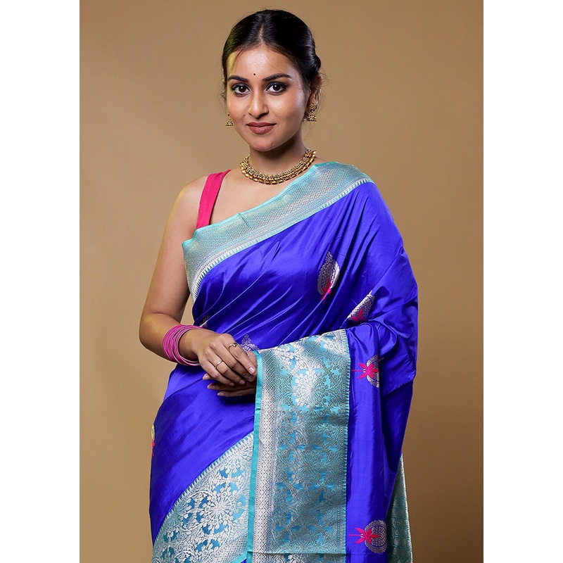 Blue Handloom Katan Pure Silk Saree With Blouse Piece - JD986611288
