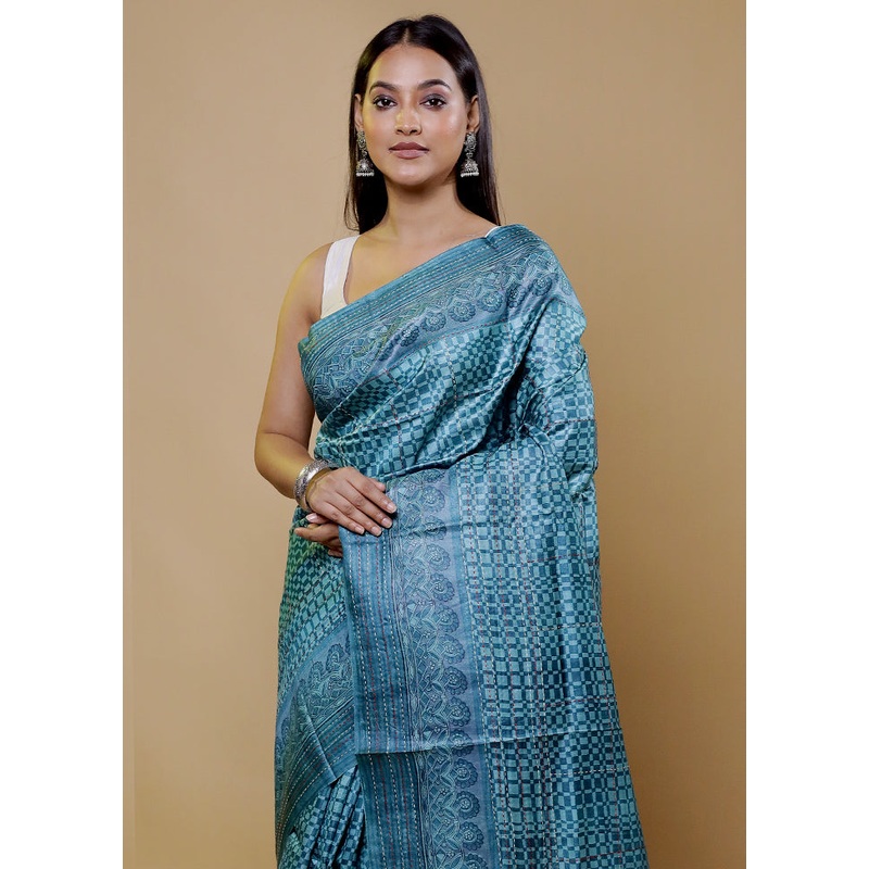 Blue Handloom Tussar Pure Silk Saree With Blouse Piece - JD986611410