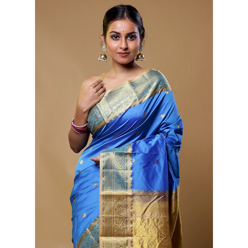 Blue Kanjivaram Silk Saree With Blouse Piece - JD986611287