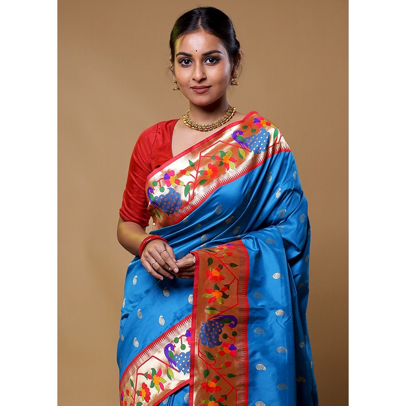 Blue Katan Silk Saree With Blouse Piece - JD986611286