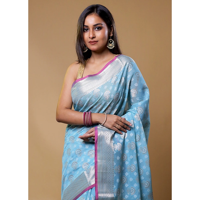 Blue Kora Silk Saree With Blouse Piece - JD986611284