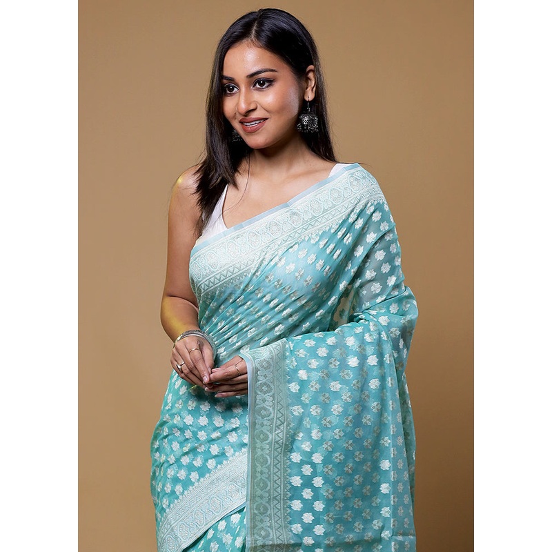 Blue Kora Silk Saree With Blouse Piece - JD986611285