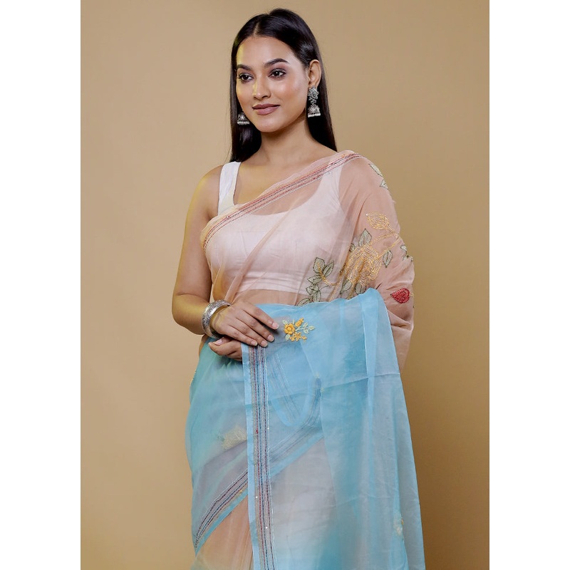 Blue Organza Saree With Blouse Piece - JD986611409