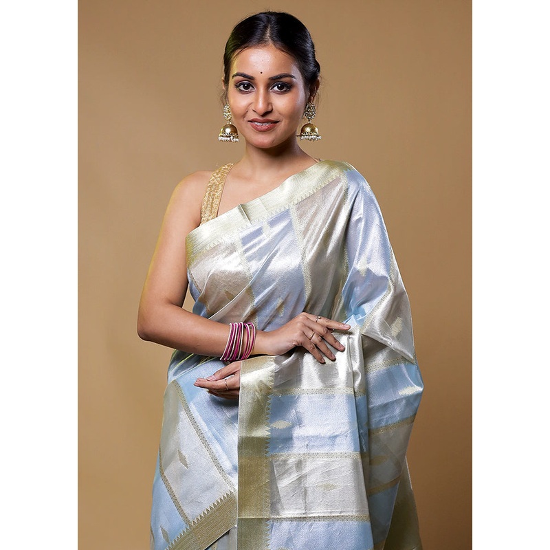 Blue Tissue Silk Saree With Blouse Piece - JD986611281
