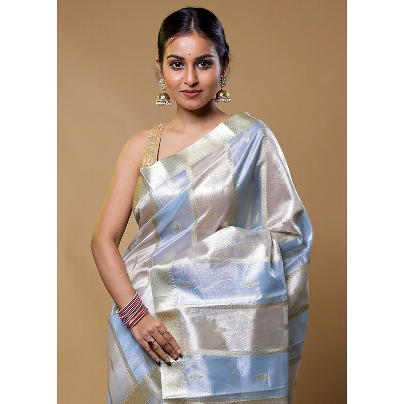 Blue Tissue Silk Saree With Blouse Piece - JD986611282