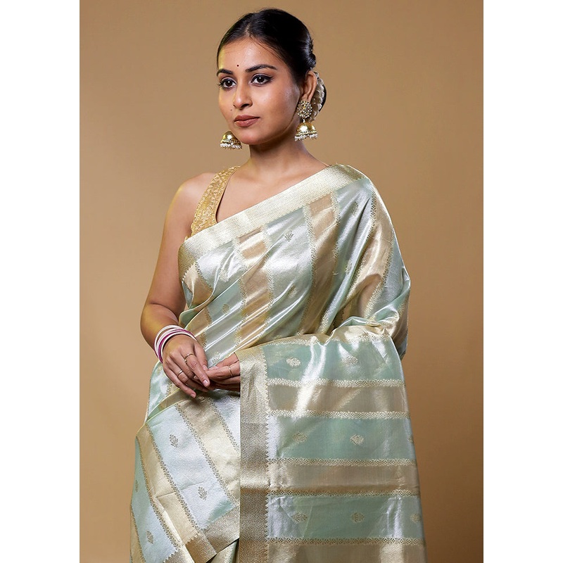 Blue Tissue Silk Saree With Blouse Piece - JD986611283
