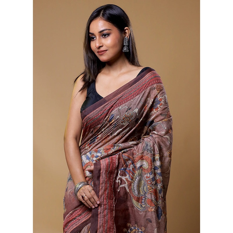 Brown Cotton Saree With Blouse Piece - JD986611280