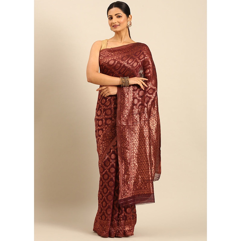 Brown Cotton Saree With Blouse Piece - JD986611373