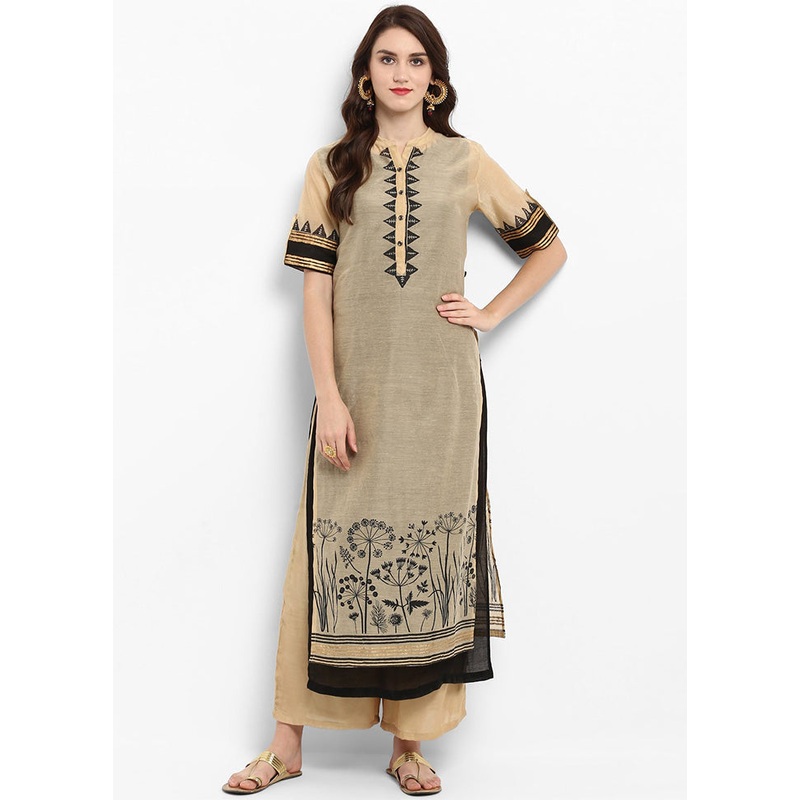 Cream Readymade Silk Kurti - JD986611322