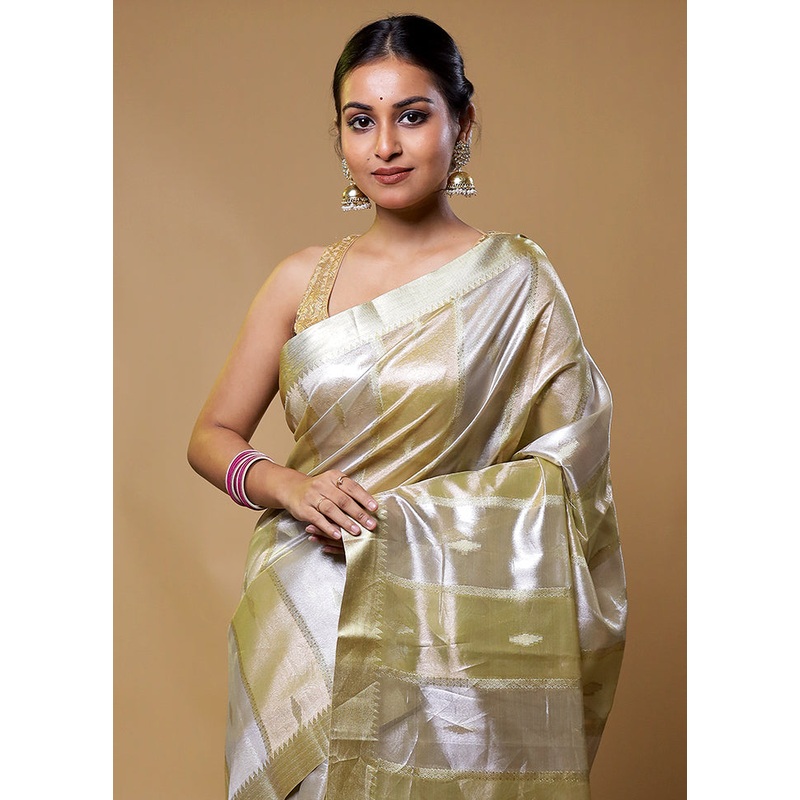 Golden Tissue Silk Saree With Blouse Piece - JD986611278