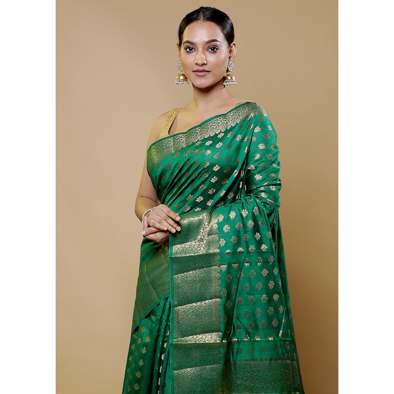 Green Tussar Silk Saree With Blouse Piece - JD986611402