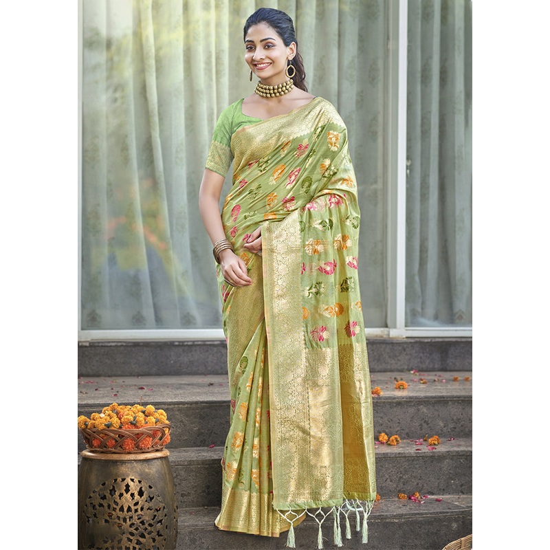 Light Green Organza Saree With Blouse Piece - JD986611334