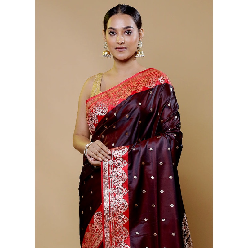 Maroon Banarasi Silk Saree With Blouse Piece - JD986611400