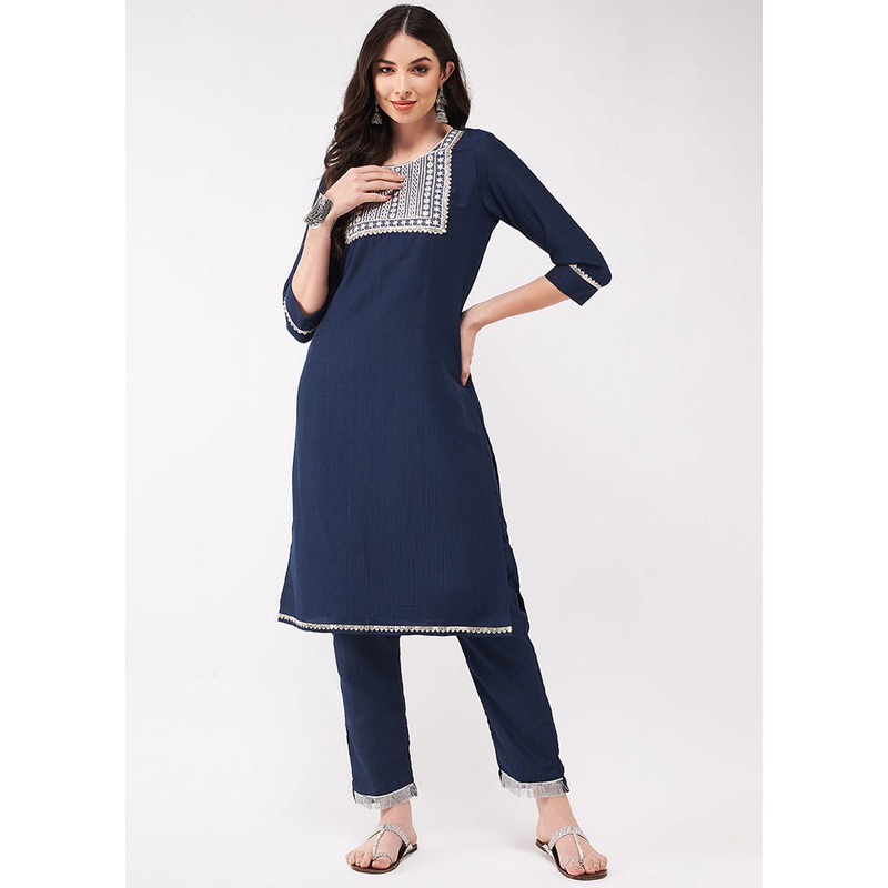Navy Blue Readymade Silk Kurti - JD986611469