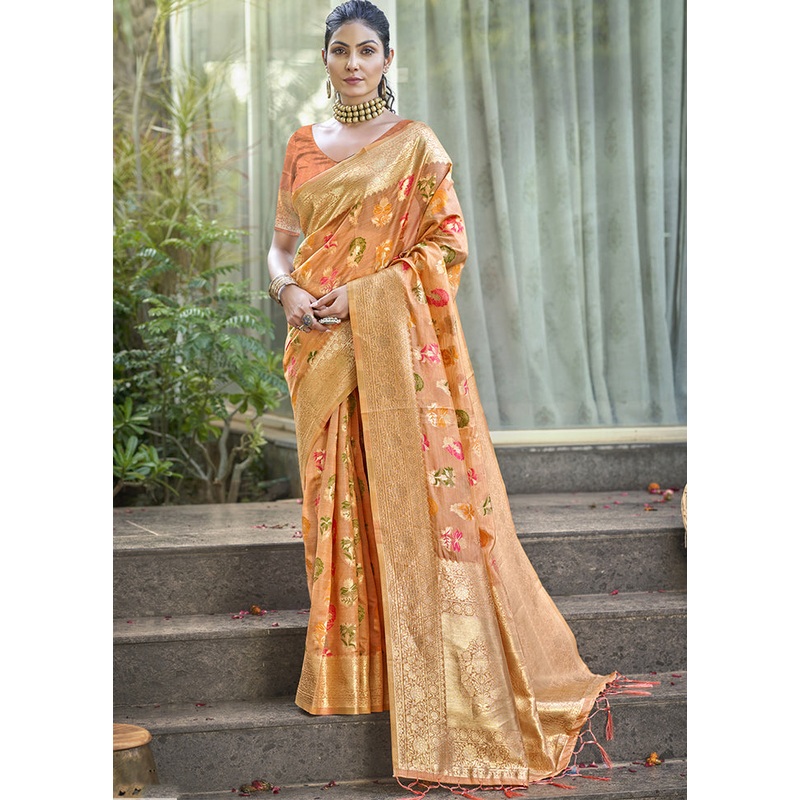 Orange Organza Saree With Blouse Piece - JD986611333