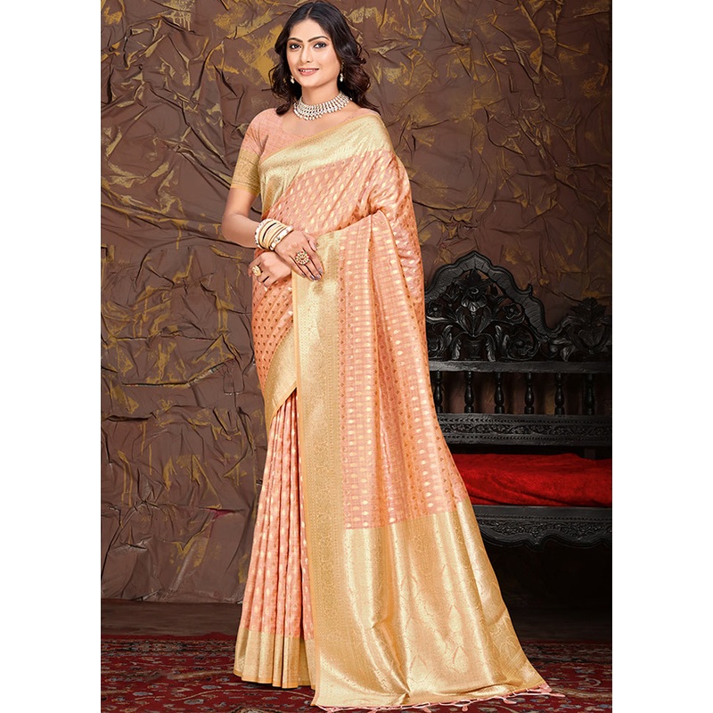 Peach Cotton Saree With Blouse Piece - JD986611290