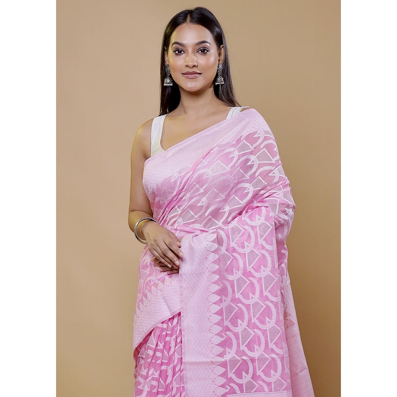 Pink Cotton Saree With Blouse Piece - JD986611399